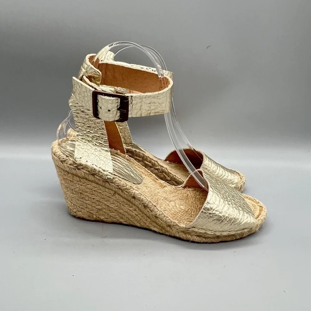 J Crew Sandals Womens 7 Gold Leather Espadrille Ankle Strap High Wedge Shoes